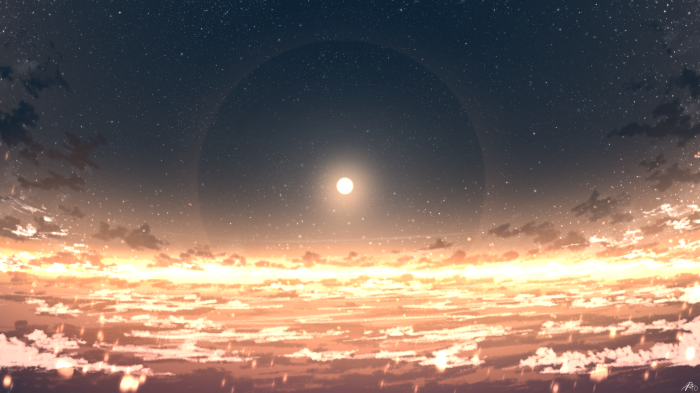 Anime sky with stars and clouds at sunset