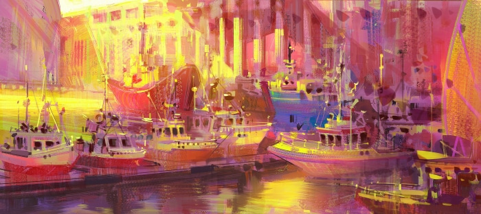 Boats docked in a colorful harbor with buildings