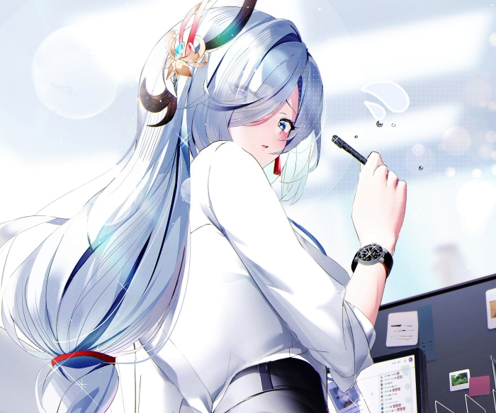 Shenhe from Genshin Impact at a desk