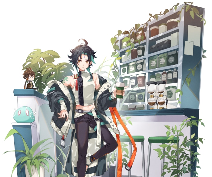 Xiao and Slime from Genshin Impact at a coffee shop