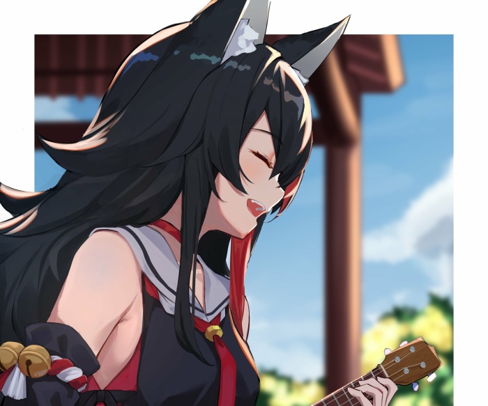 Ookami Mio from Hololive playing ukulele