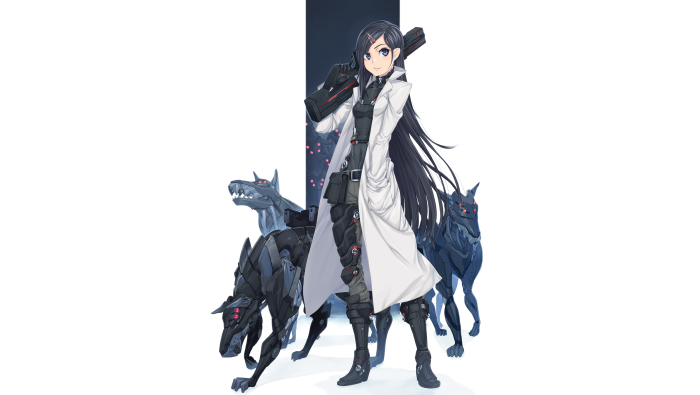 Girl with rifle and robotic dogs