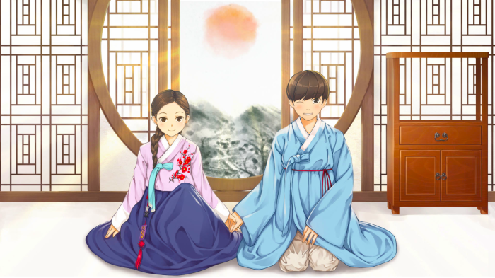 Couple in traditional Korean hanbok holding hands