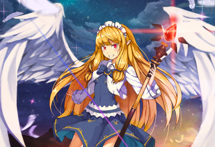 Angel with a staff and wings in space