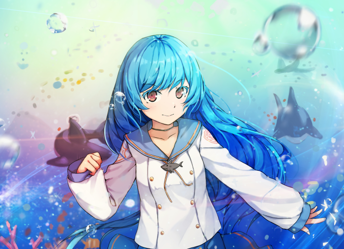 Girl with blue hair in sailor uniform underwater