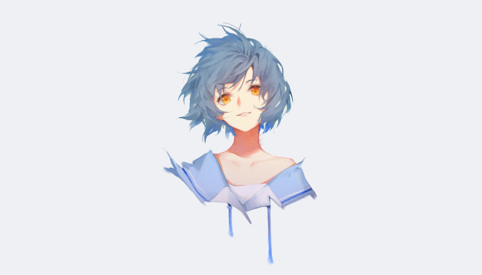 Anime girl with blue hair and orange eyes