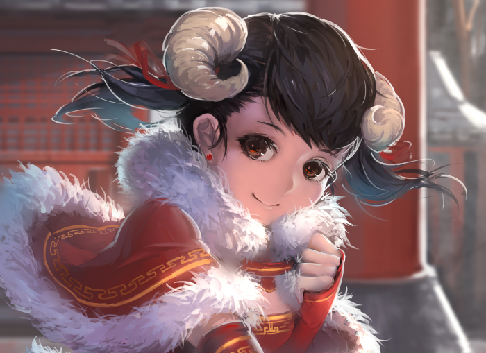 Anime girl with ram horns and red outfit