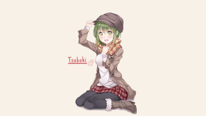 Tsubaki anime girl wearing a hat and scarf