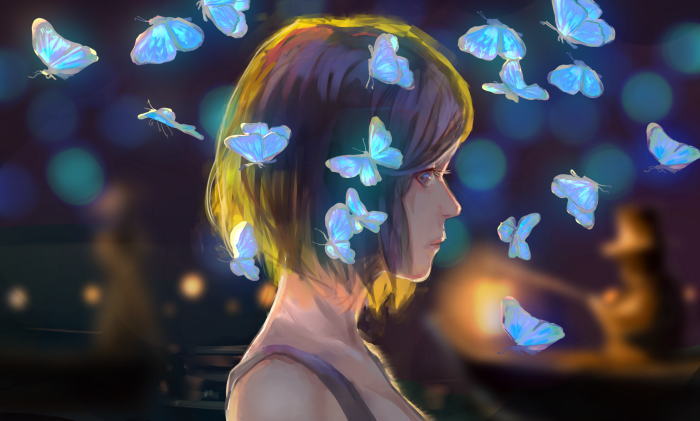 Girl surrounded by glowing butterflies