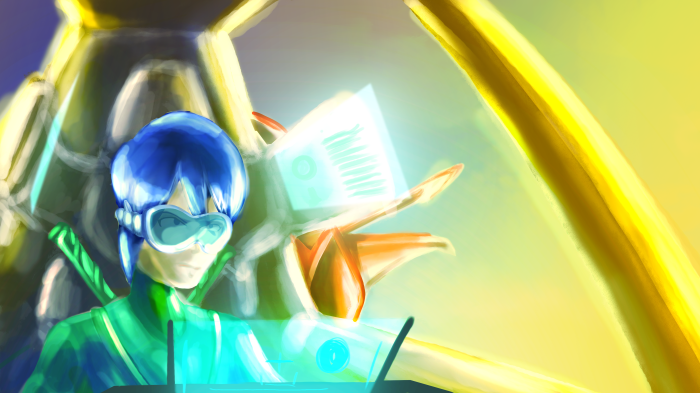Person in futuristic suit with goggles and holographic displays