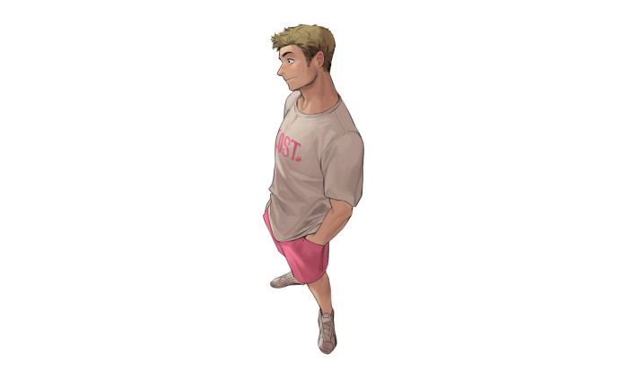 Anime boy wearing a t-shirt and shorts