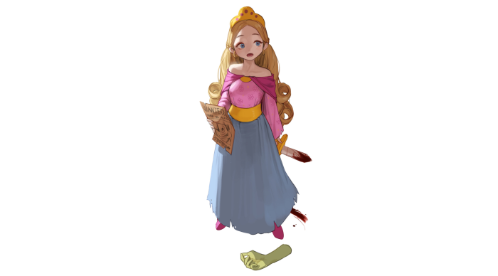 Princess holding wanted poster and bloody sword