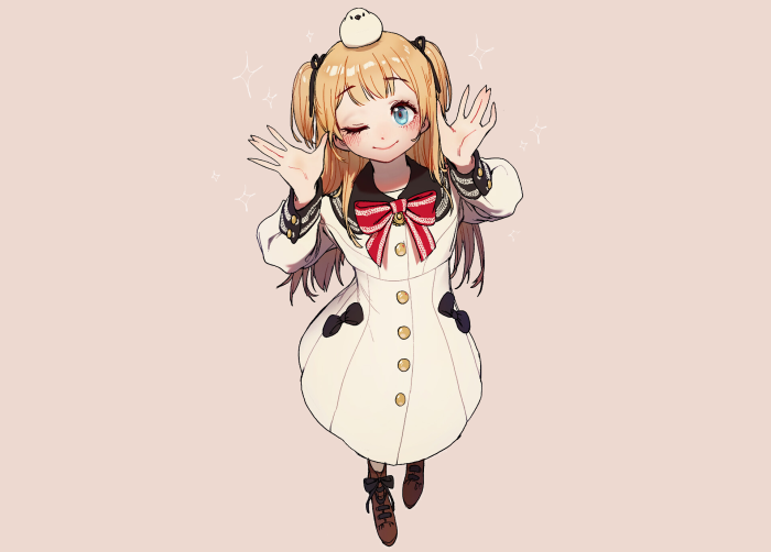 Anime girl with bird on head waving