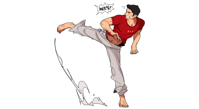 Man in red shirt performing a kick