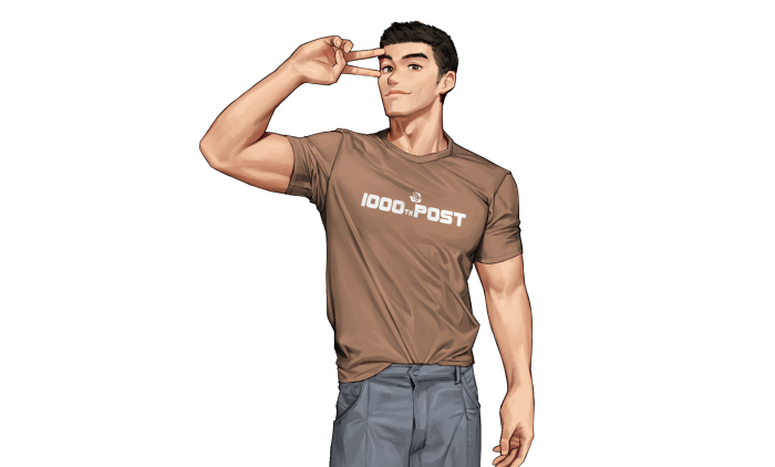 Man in brown t-shirt with "1000th POST" text