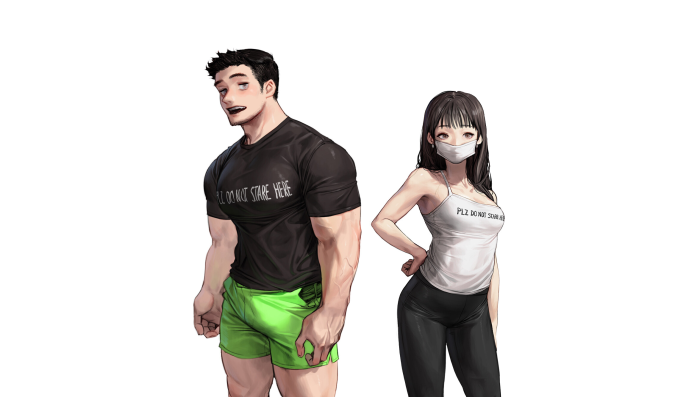 Couple wearing t-shirts with text