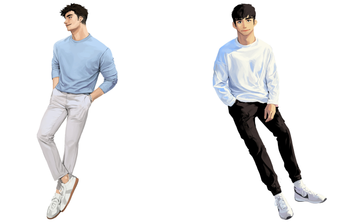 Two young men posing in casual outfits