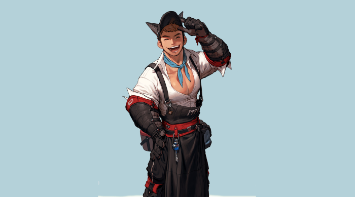 Anime boy in work clothes tipping hat