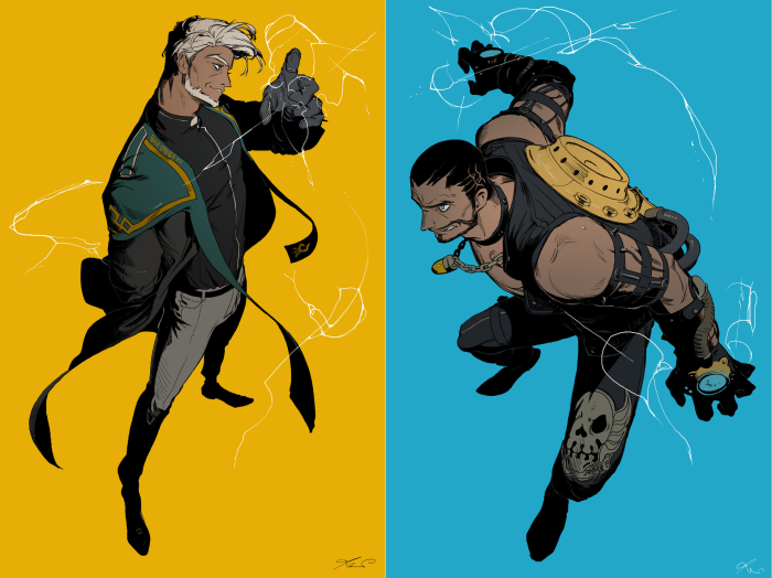 Two men with supernatural powers, one with white hair and a green jacket, the other with dark skin and a mechanical backpack.