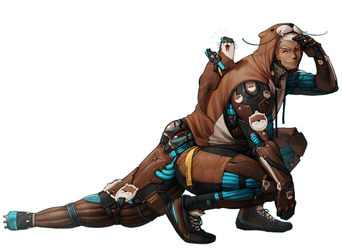 Man in otter hoodie with cybernetic enhancements and companion
