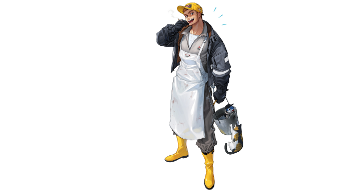 Man in yellow cap and apron with cat and penguin