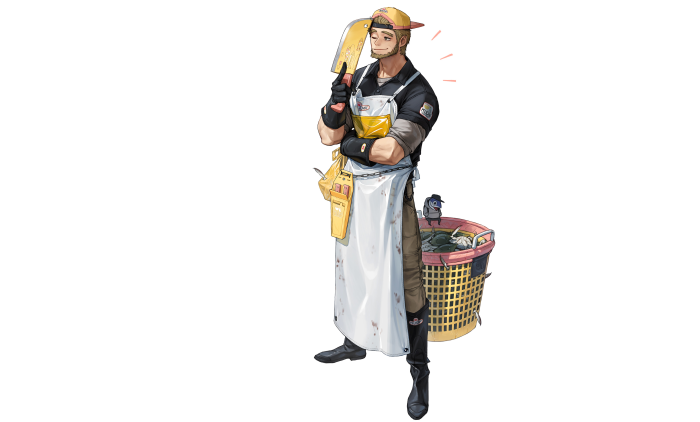 Butcher with cleaver and basket of fish