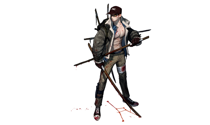 Bloody man with swords and baseball cap