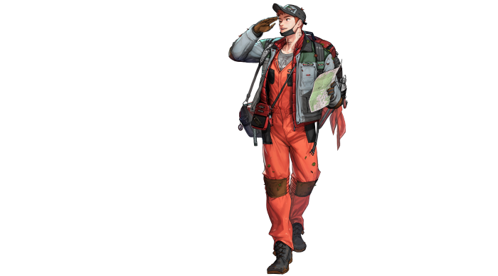 Man in orange jumpsuit and jacket with map