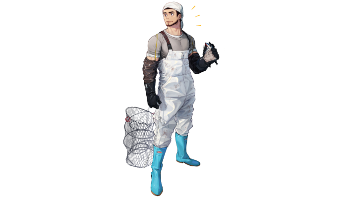 Man in fishing gear holding a fish and a net