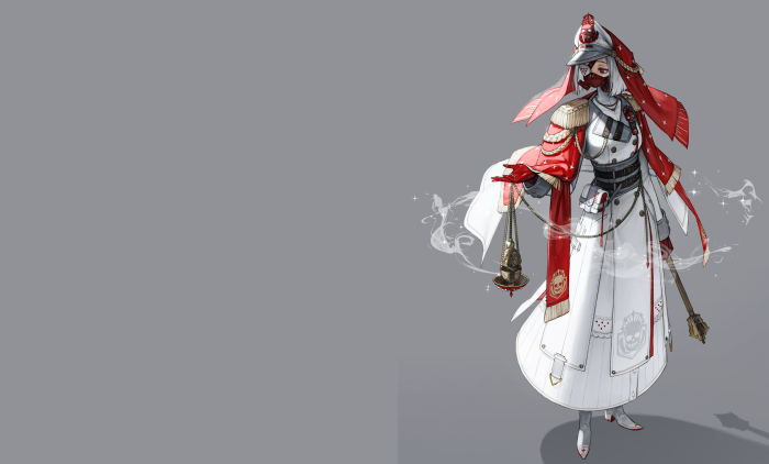 Girl in ornate white and red uniform holding censer