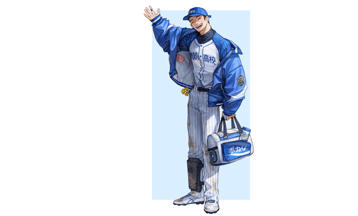 Baseball player waving with a sports bag
