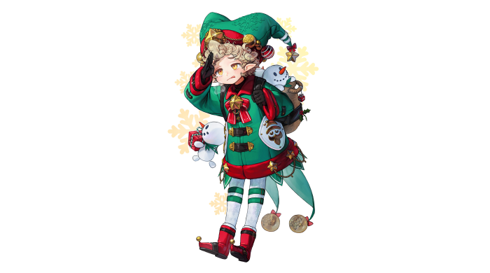 Elf girl in Christmas outfit with snowmen