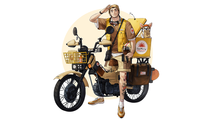 Delivery man with dog on a scooter