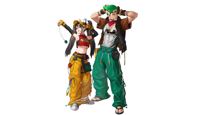 Two people in streetwear with yo-yos and headphones