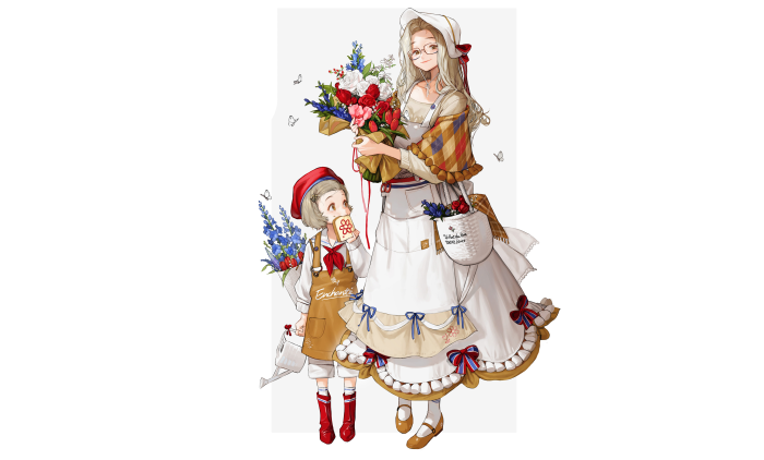 Girl with flowers and a child