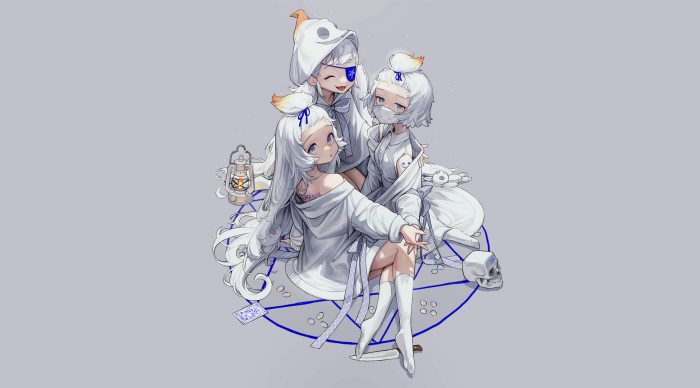 Three girls with white hair and outfits