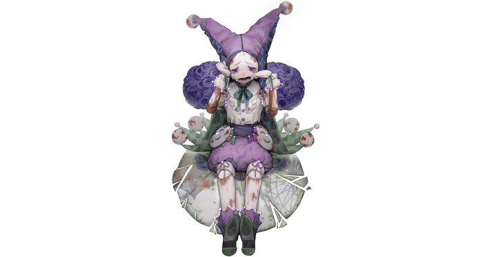 A sad clown doll sitting on a broken platform