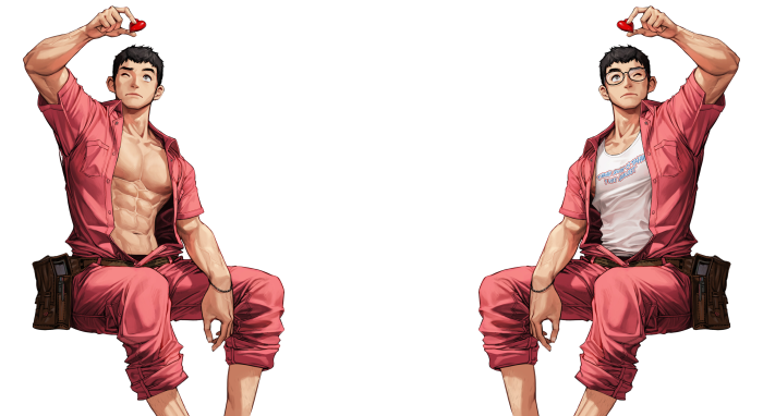 Two muscular men holding red hearts