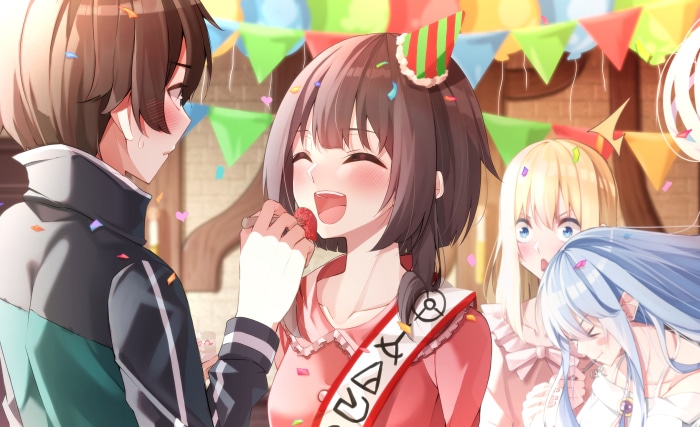Megumin from KonoSuba celebrating her birthday with friends
