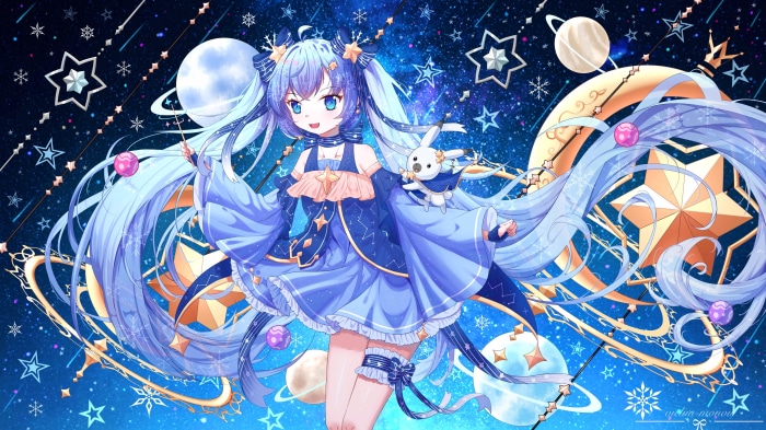 Hatsune Miku and Rabbit Yukine in a starry galaxy