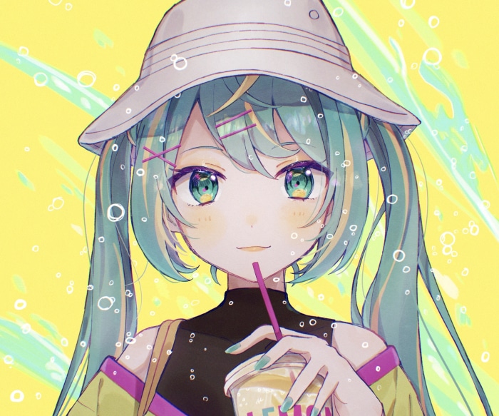 Hatsune Miku with a drink