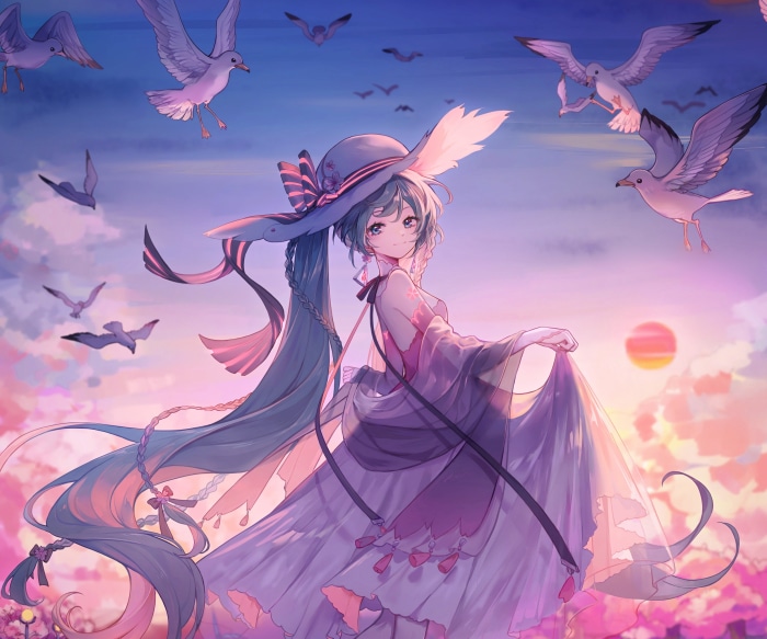Hatsune Miku with seagulls at sunset