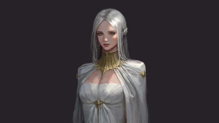 Woman with white hair and white dress