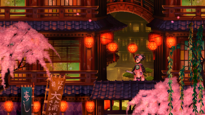 Momohime from Muramasa standing on a rooftop