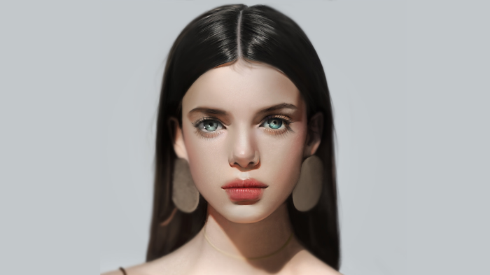 Portrait of a woman with dark hair and blue eyes