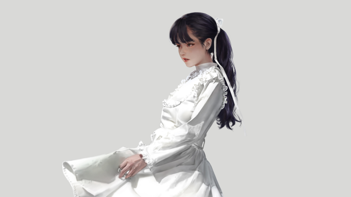 Girl in white dress with black hair