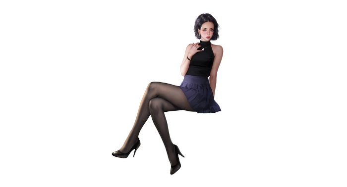 Woman in black top and blue skirt