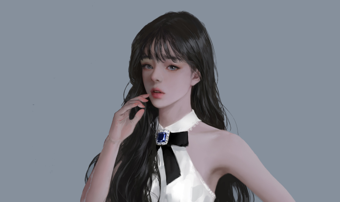 A beautiful anime girl with long black hair and a blue gem necklace
