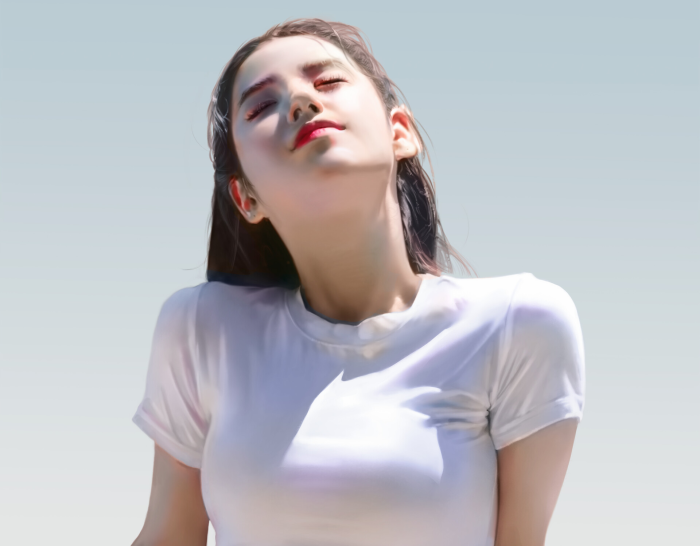 Woman with eyes closed in white t-shirt