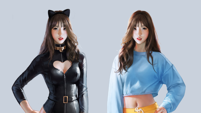 Two anime girls, one in a black cat-themed outfit, the other in casual wear